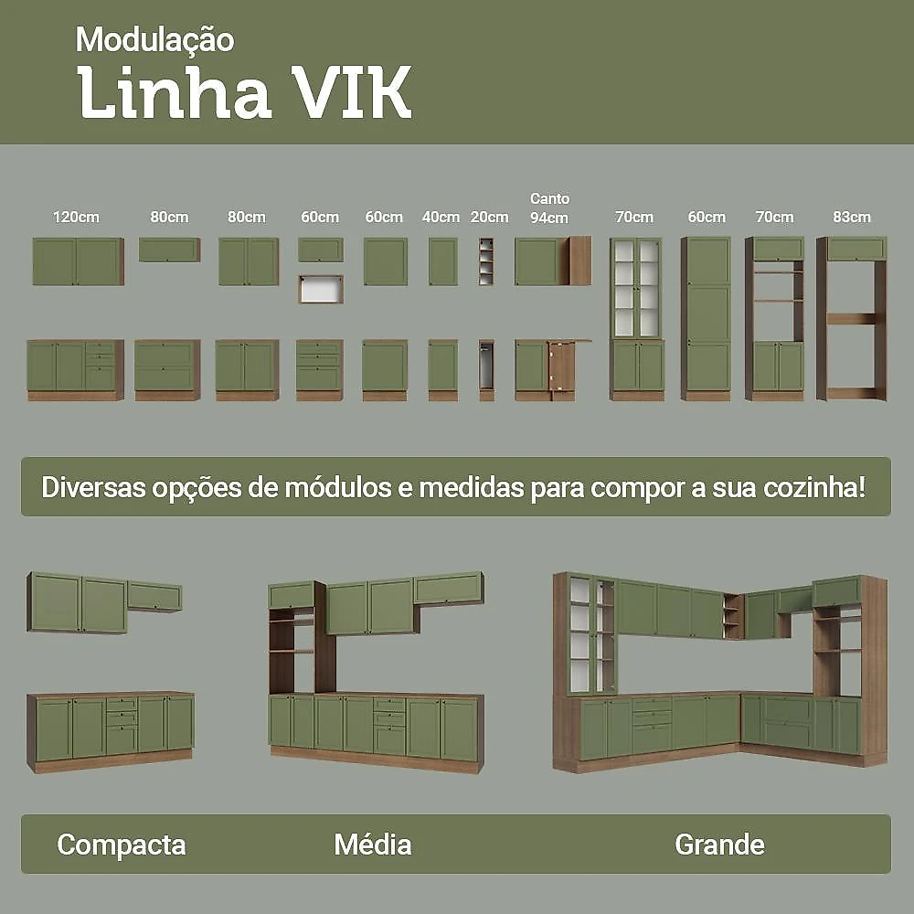 Kit com 2 balcões de cozinha 3 gavetas 4 portas (sem tampo e pia) rustic/verde vik madesa 01
