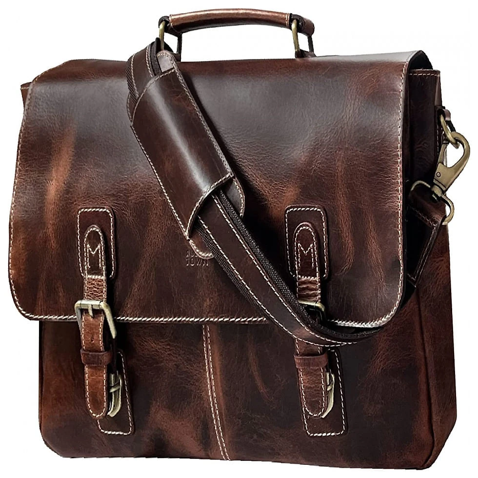 Bolsa Maleta RUSTIC TOWN Couro de Búfalo Unissex para Laptop , Marrom