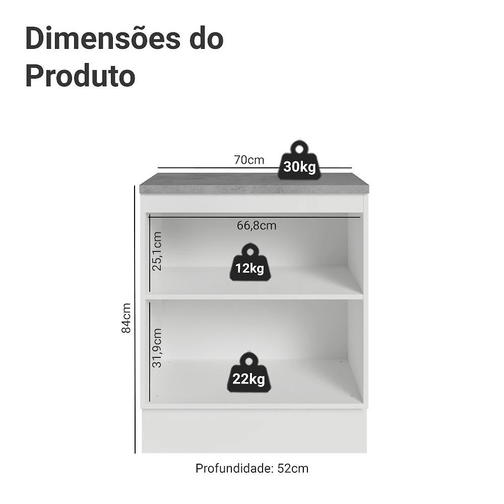 Balcão de cozinha 70 cm 2 portas branco vik madesa