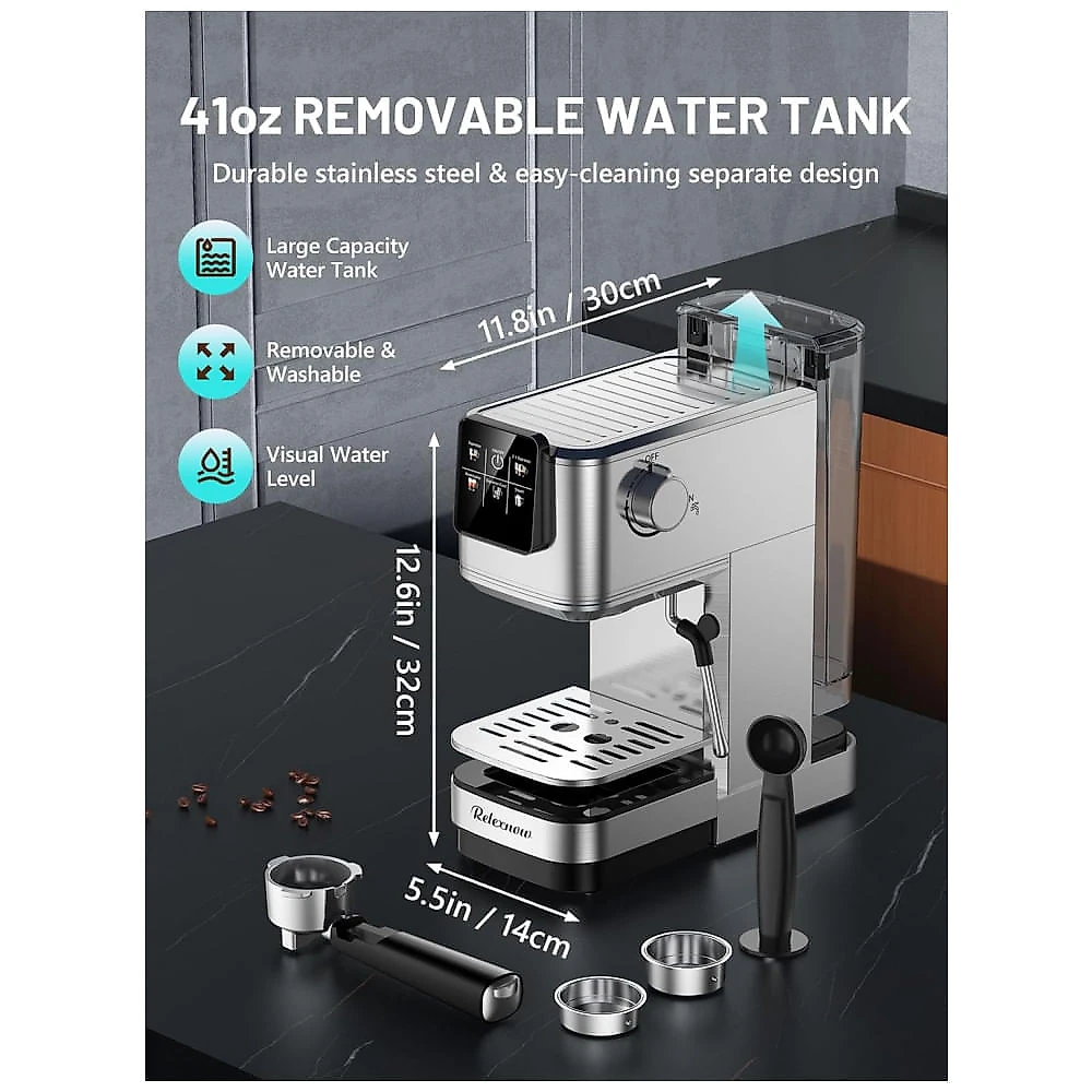 Cafeteira Espresso RELEXNOW Inox 20 Bar LCD 1,2L Vaporizador de Leite Café Quente e Gelado 110V