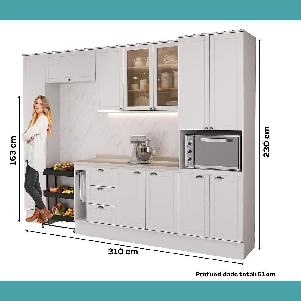 Cozinha Completa com Balcão Milla Stellar Gold 12 Portas MDF 310cm Branco webcontinental-7899999014890
