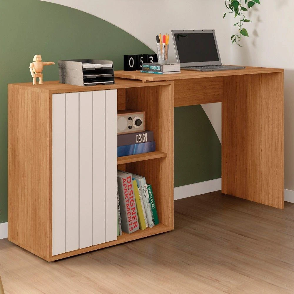 Miniatura Mesa Para Escritório Home Office 1 Porta Ripada Tech Freijó Off White Caemmun