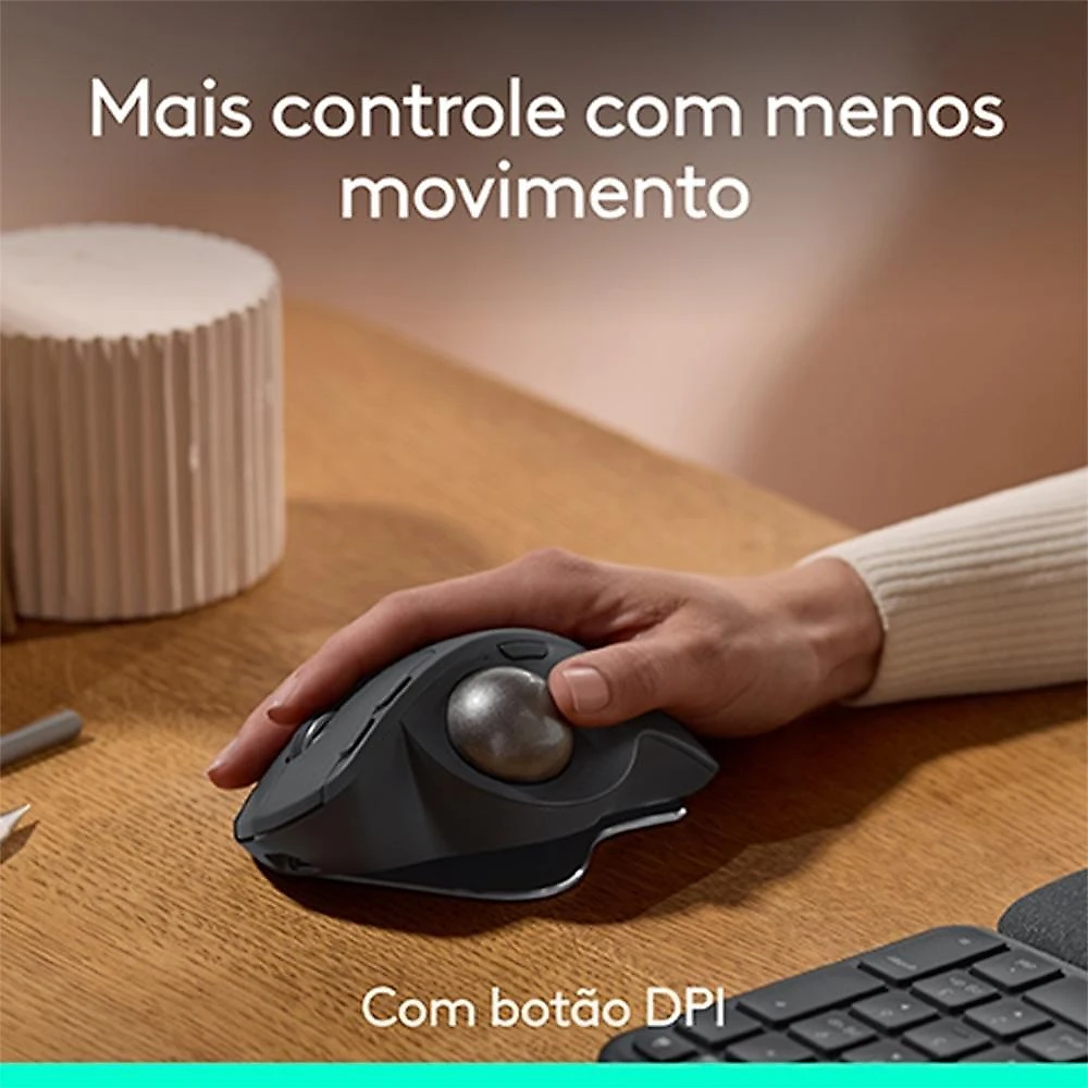 Mouse sem Fio Logitech Trackball MX Ergo S,  Bluetooth e USB Logi Bolt, 6 Botões Programáveis com Ajuste de Ângulo, Preto - 910-007261