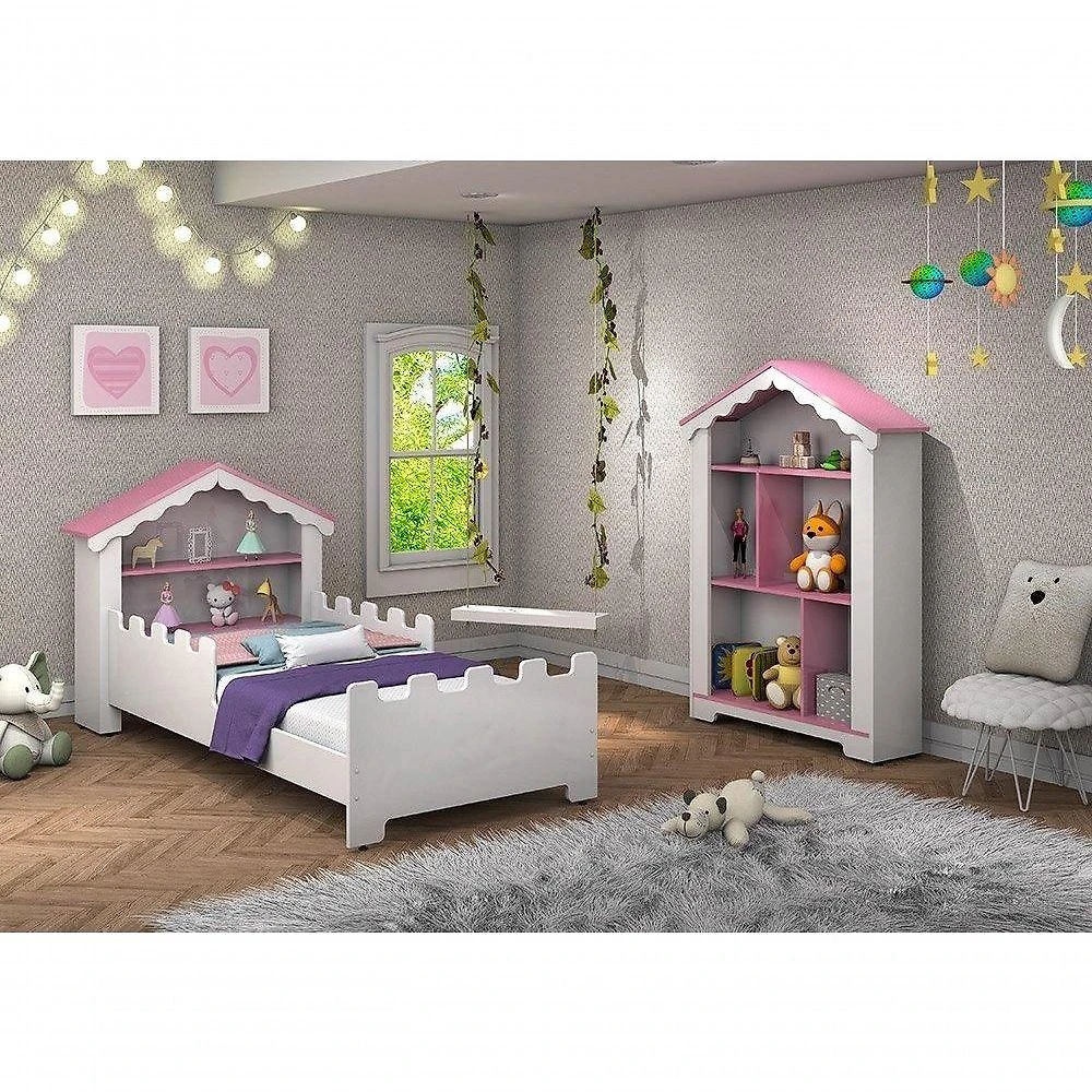 Conjunto De Quarto Princesa Com Cama, Estante E Colchão Branco-rosa - Vitamov