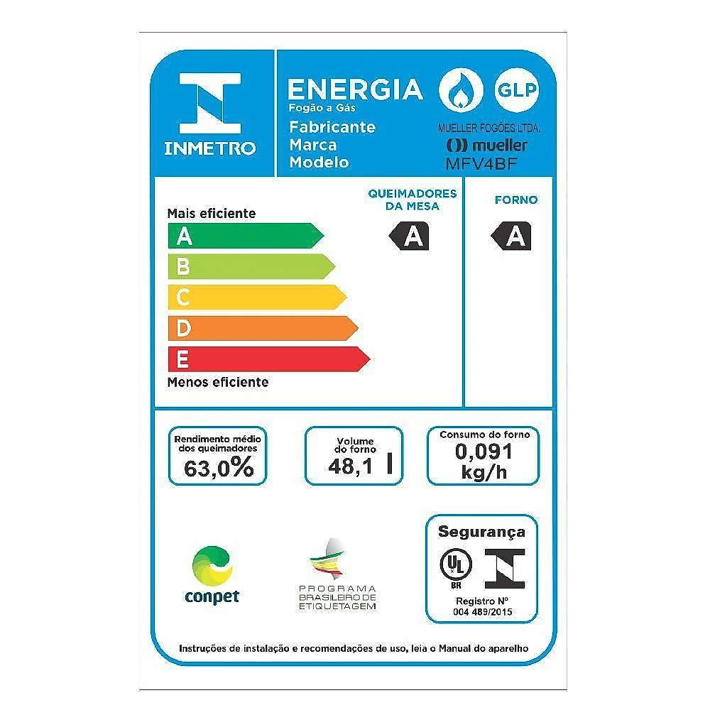 Fogão mueller 4 bocas branco bivolt mesa de vidro grades ferro fundido mfv4bf