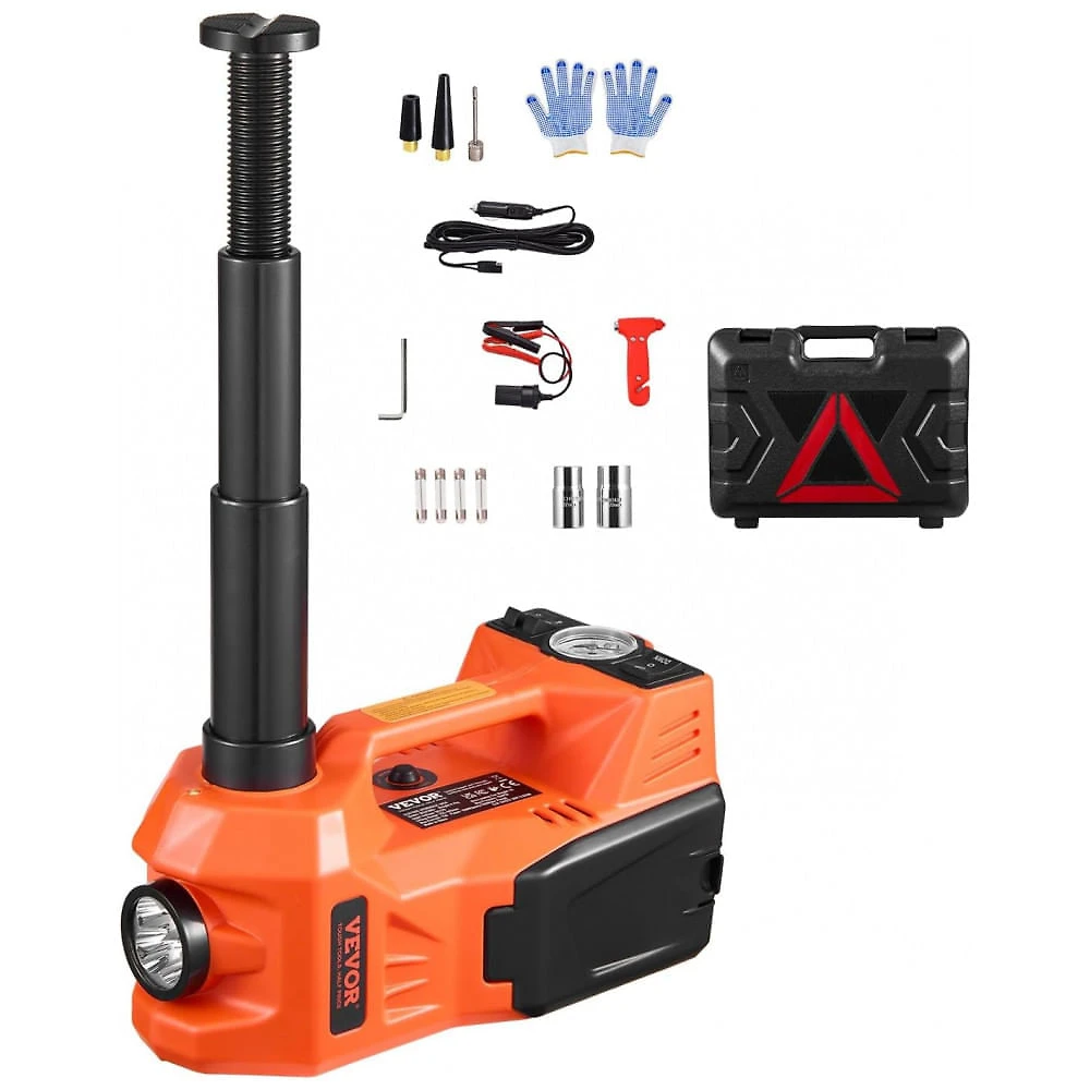 Macaco Elétrico VEVOR, 5 Toneladas, Macaco Tesoura Elétrico com Inflador Integrado, Troca de Pneus Ajustável 12V com Martelo Seguro Luz LED,