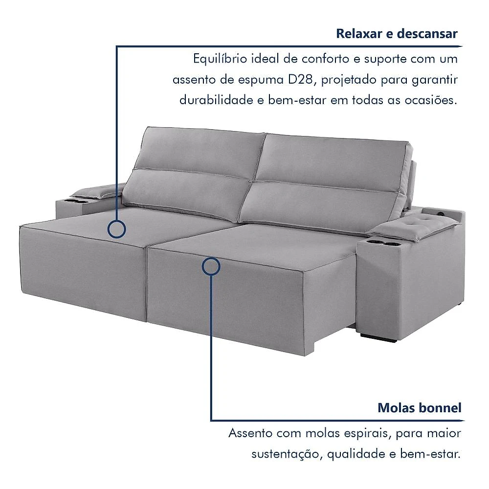 Sofá Retrátil e Reclinável 4 Lugares com Entrada USB e Porta Copos 250cm Irlanda Yescasa Sofá Retrátil e Reclinável 4 Lugares 250cm M180 Yescasa Linho/Cinza Claro