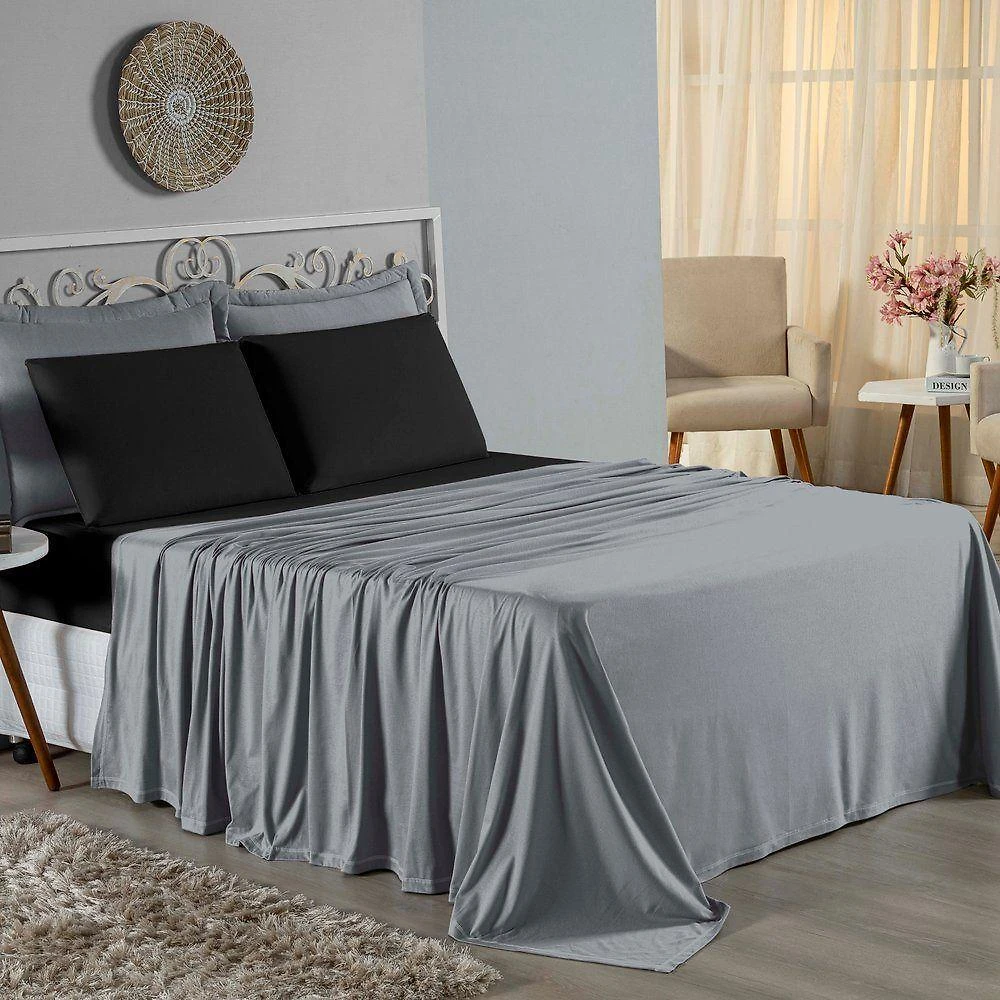 Jogo De Cama Casal Nobre 4 Peças Lençol Com Elástico De 30cm De Altura Malha 100% Algodão - Cinza / Preto
