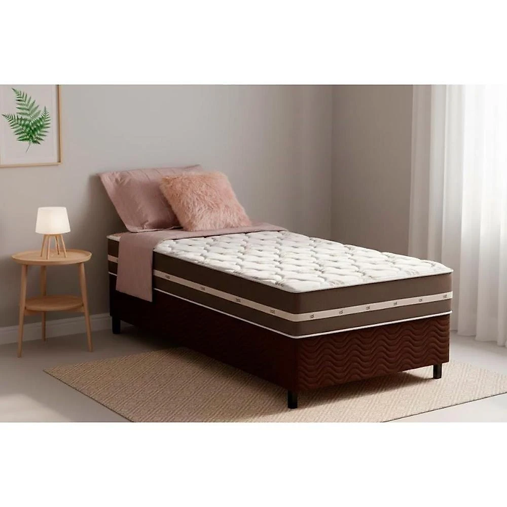 Cama Box com Colchão Solteiro Suede Brown Euro Pillow Molas Bonnel Anjos