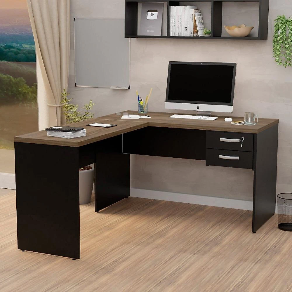 Mesa de Escritório em L 120x60cm com 2 Gavetas + Cadeira de Escritório Ergonômica Reclinável