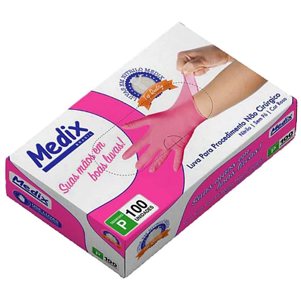 Luva Nitrílica Descartável Medix Modelo Nitrílica Rosa sem Pó Tamanho P Caixa com 100 Unidades