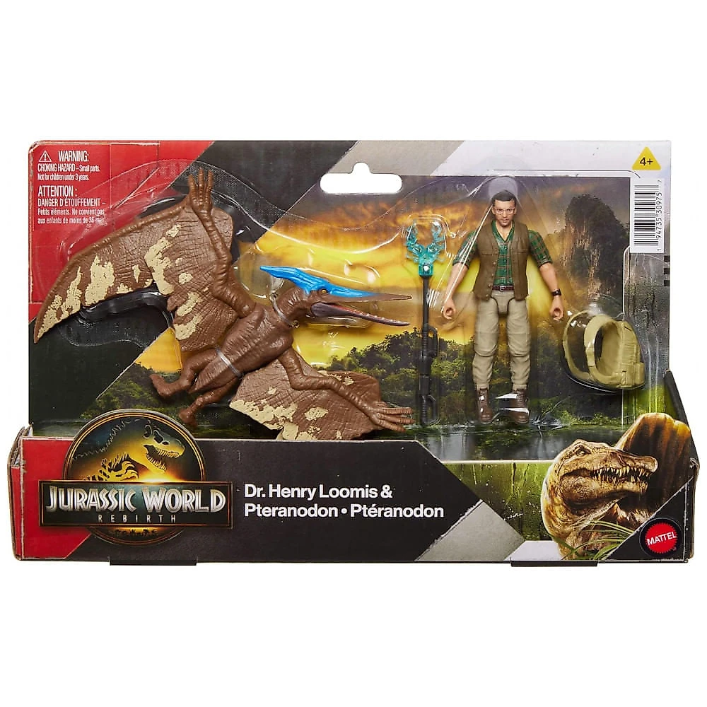 Mattel Jurassic World Rebirth Dr. Henry Loomis e Pteranodon figuras articuladas 3,75" com acessórios e recurso AR