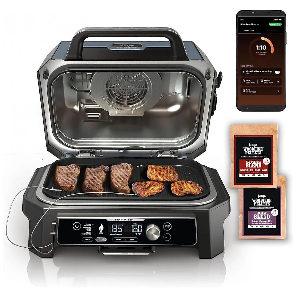 Ninja Woodfire Pro Connect Premium XL - Chapa de Cerâmica + Capa Resistente + Churrasqueira 7 em 1 Bluetooth