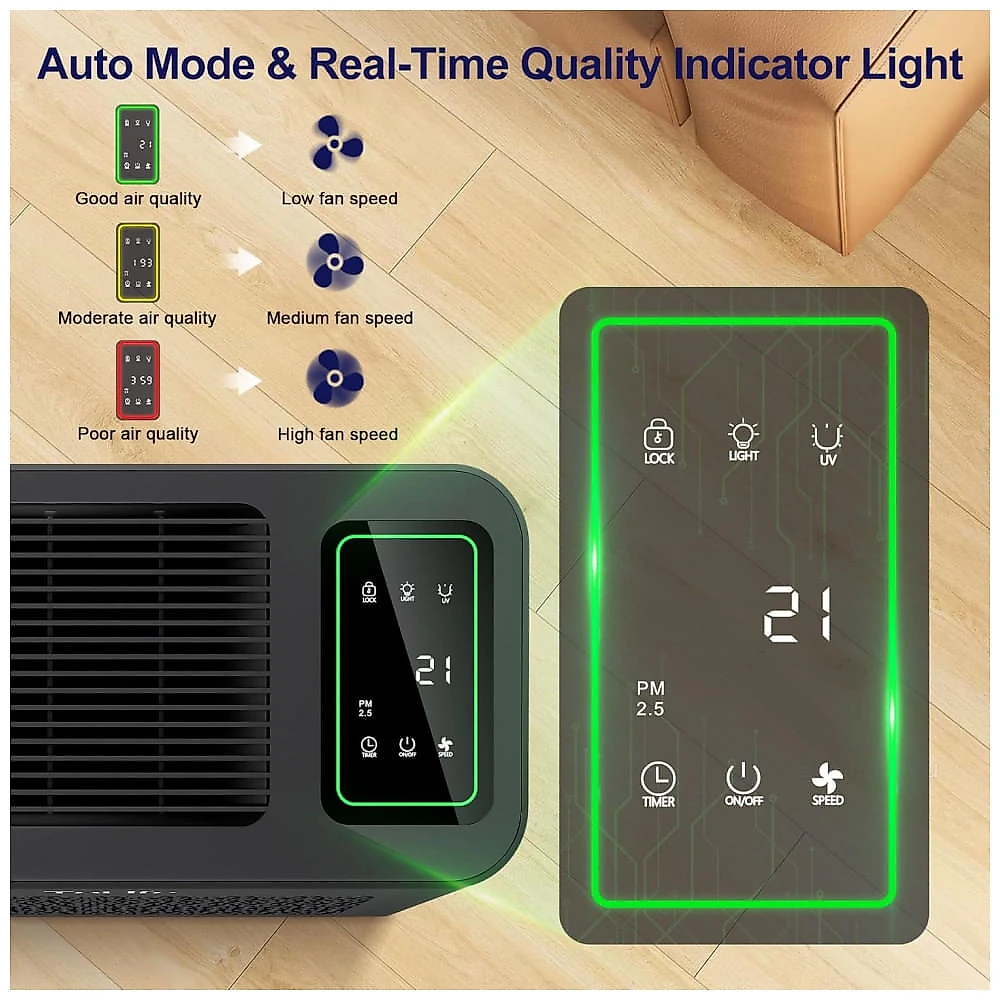 Purificador de Ar Doméstico até 100 m2 com Sensor de Qualidade de Ar, 110V, ToLife, Preto