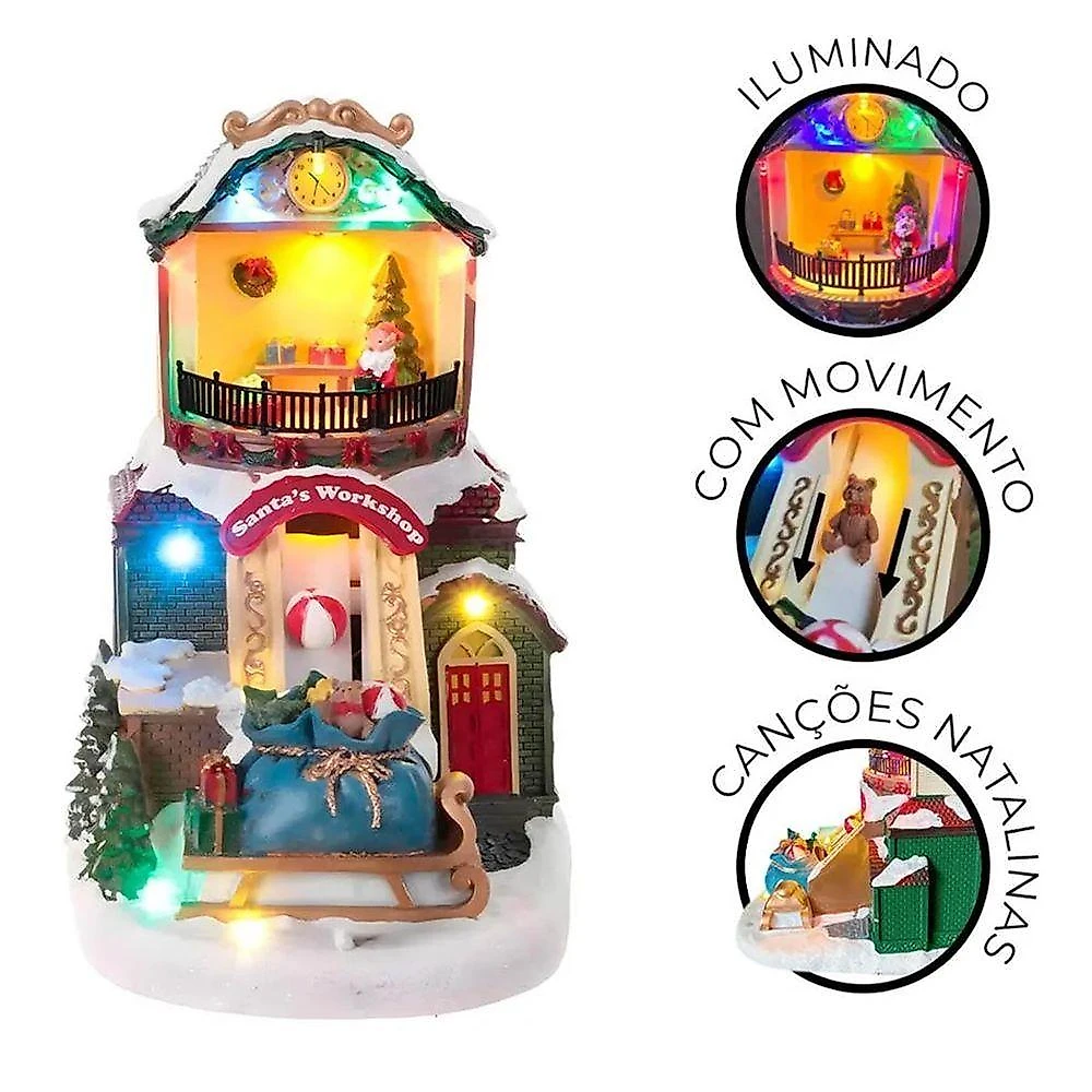 Vila Natalina Cenario Musical Natal Papai Noel Arvore Fabrica De Brinquedo Movimento Saco De Presente Decoraçao Led Som