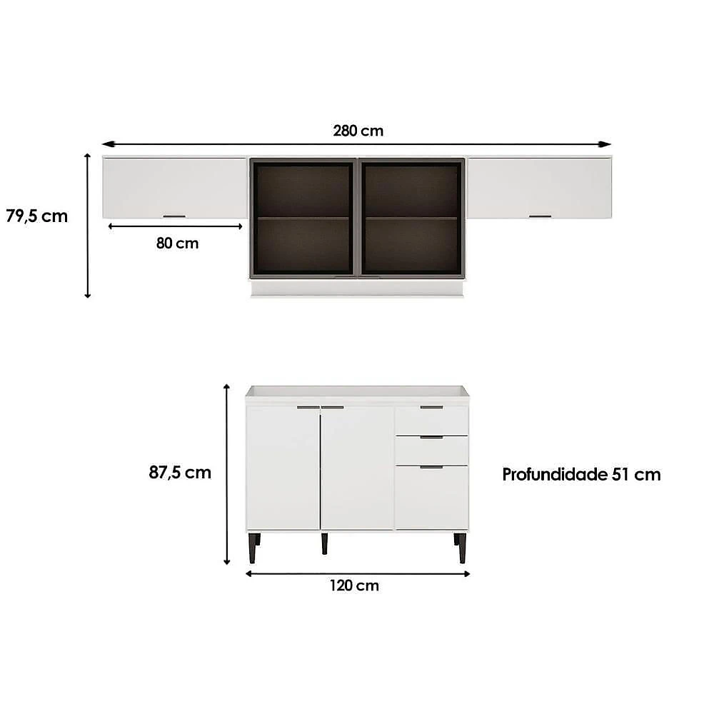 Cozinha Completa Alpha C4P182 4 Peças 5 Portas 2 Gavetas MDP Branco Móveis Carraro