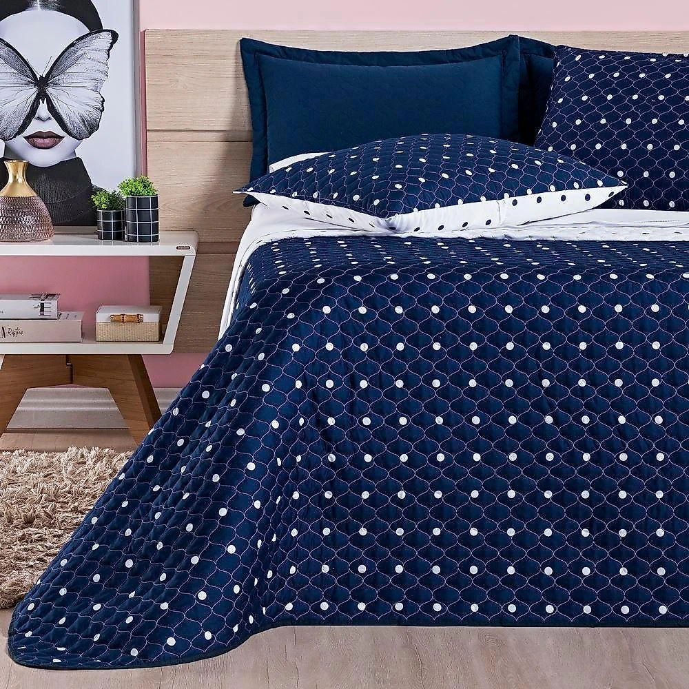 Kit Cobre Leito Jogo de Cama Banho Petit Poá Casal 12 Peças 100% Poliéster Micro Percal Marinho Bia