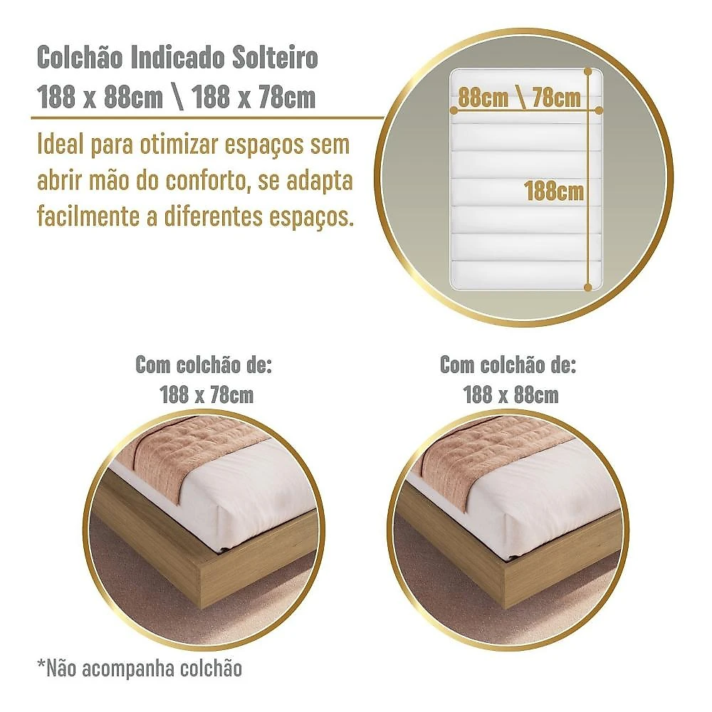 Cama de Solteiro 90 Suspensa com Ilunimação em Led e Organizador na Cabeceira Cancun cor Mel/Grafite Mel/Grafite