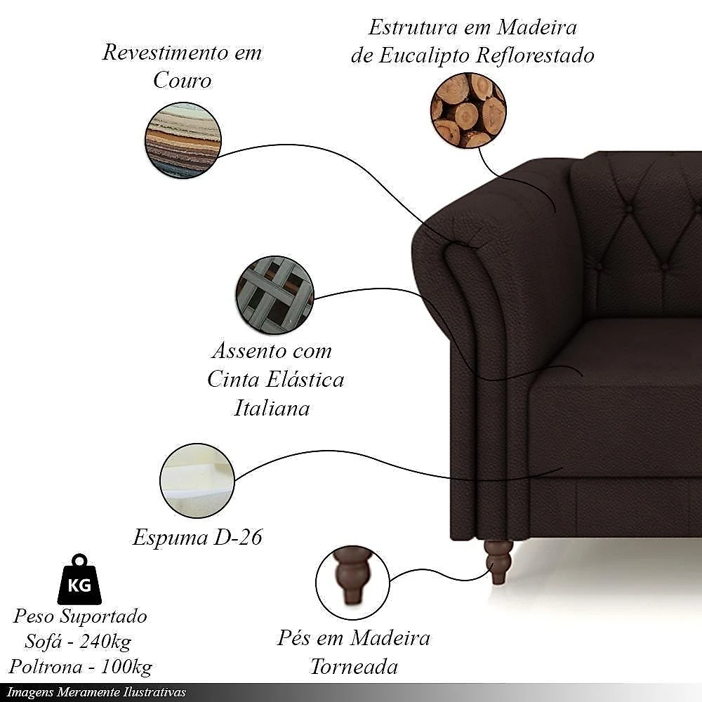 Conjunto Sofá Stanford Chesterfield G58 3 Lugares 260cm Marrom Couro Gran Belo