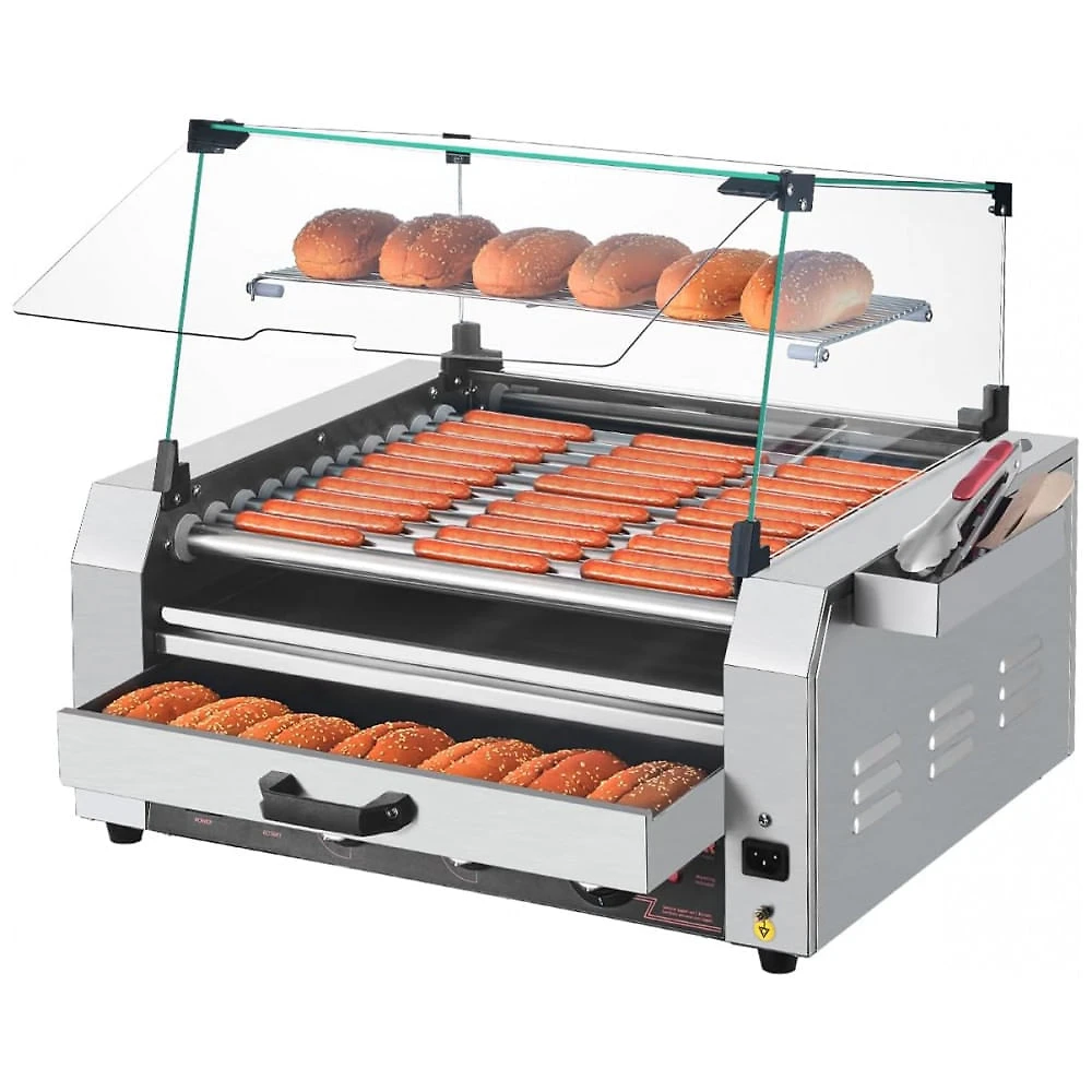 Máquina de Cachorro-Quente VEVOR, 30 Salsichas em 11 Rolos, Grill de Aço Inoxidável, 1950W com Aquecedor de Pães, Tampa, 3 Controles de Temperatura,