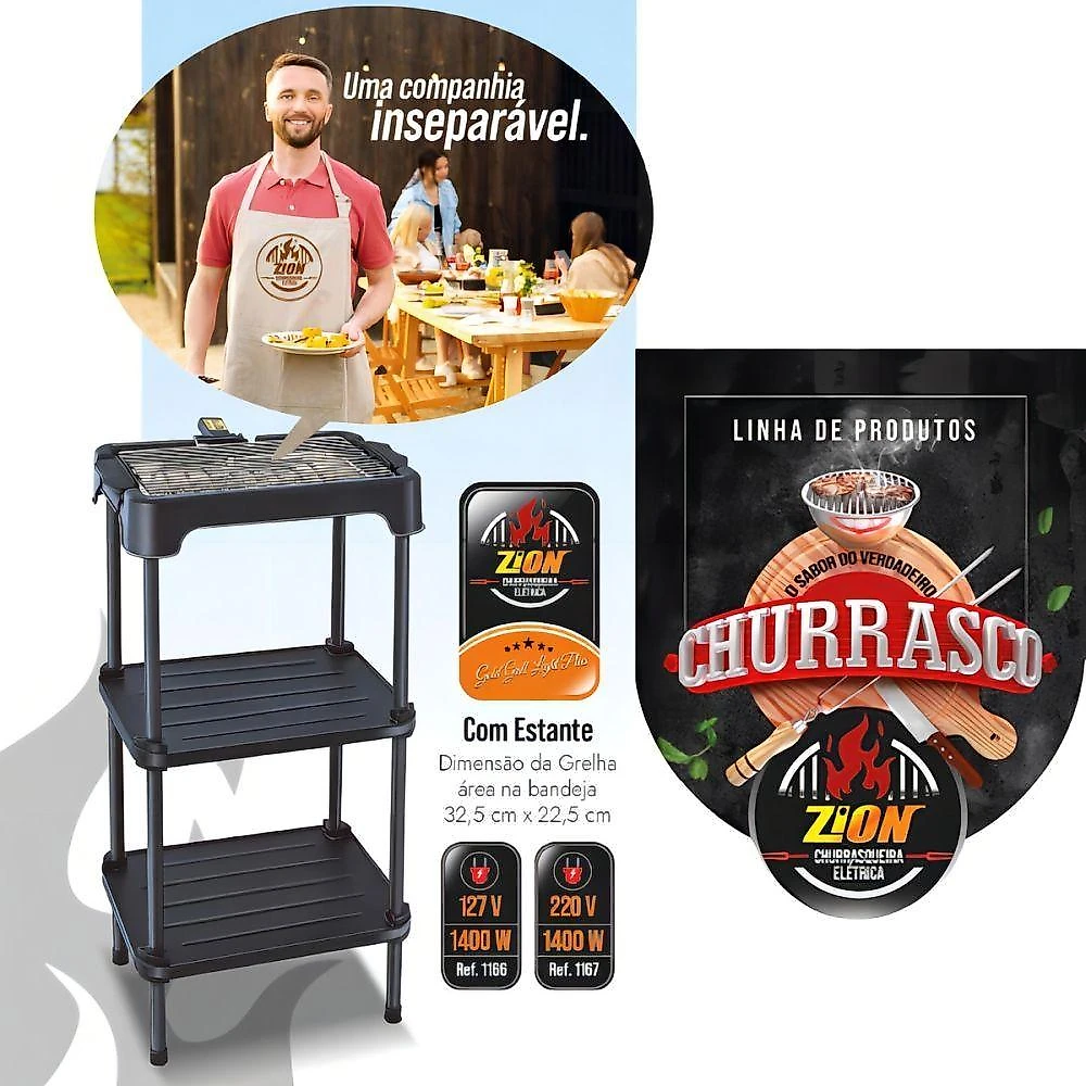Churrasqueira Elétrica Cozinha Estante Prateleira Zion 110V para Varandas com Grelhados sem Fumaça
