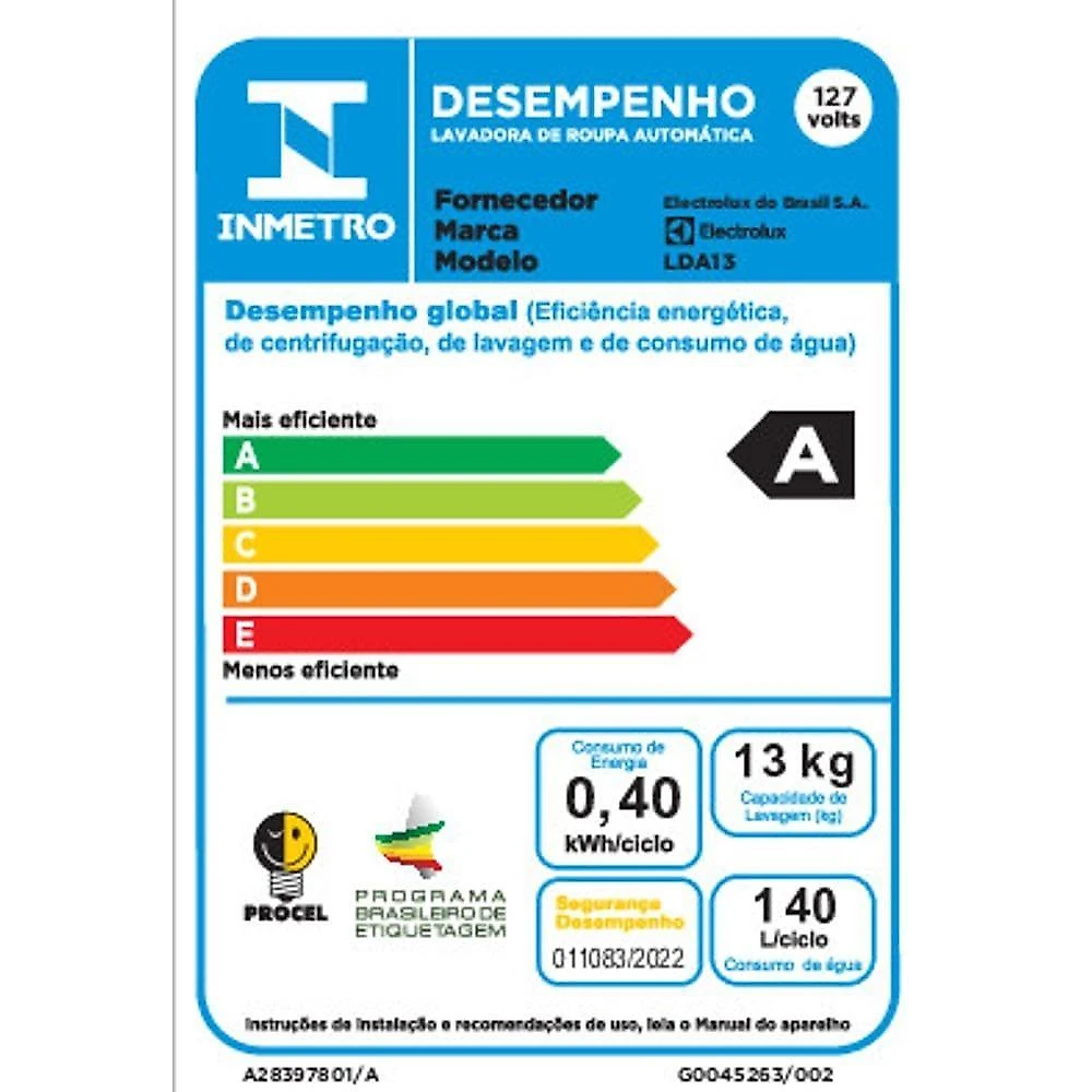 Máquina de lavar 13kg electrolux lda13 efficient duplo dispenser máxima diluição cesto inox branca 110