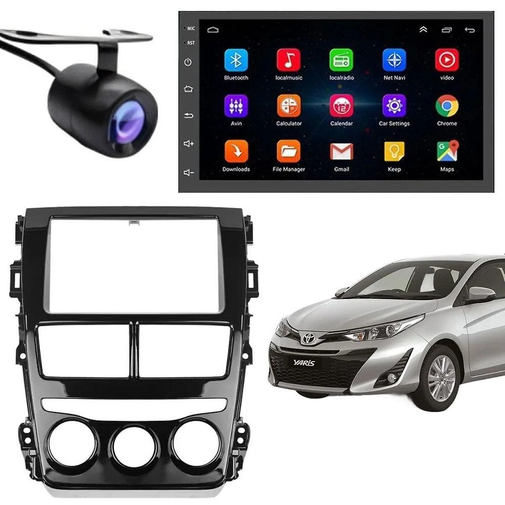 Central Multimídia Android Auto Toyota Yaris 7 Touch Screen Bluetooth Wi-Fi GPS Moldura Câmera