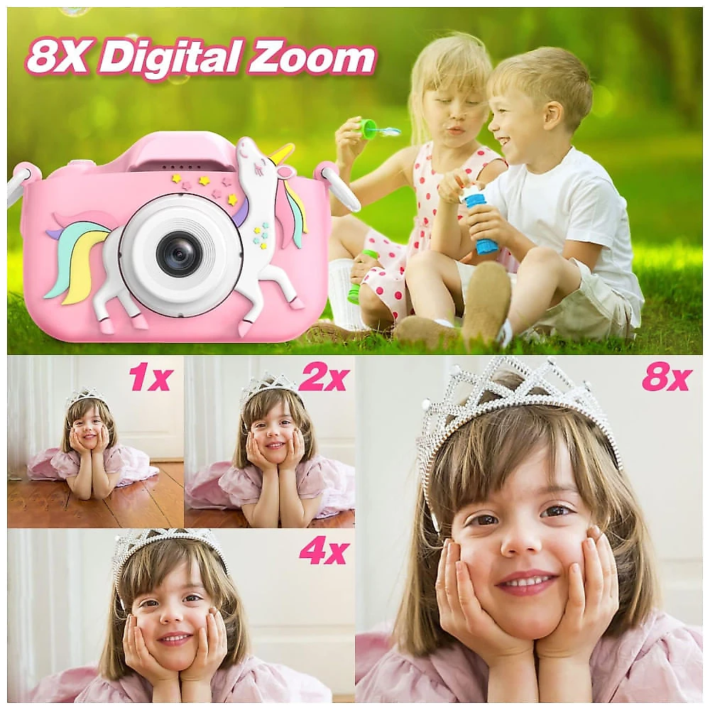 Câmera infantil Goopow ideal para crianças de 3 a 8 anos, com vídeo HD 1080p, 12 MP, zoom digital 8x, 28 molduras divertidas, 3 jogos.