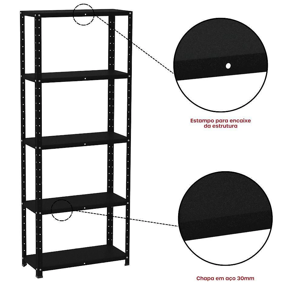Estante De Estrutura Metálica Com 5 Prateleiras 175cm(a)92acm(l)30cm(p) Com Reforço Preto