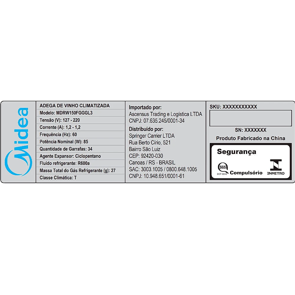 Adega de Vinhos Midea Inverter Smart para 34 Garrafas com até 18°C - MDRW150FGGGL3 Bivolt