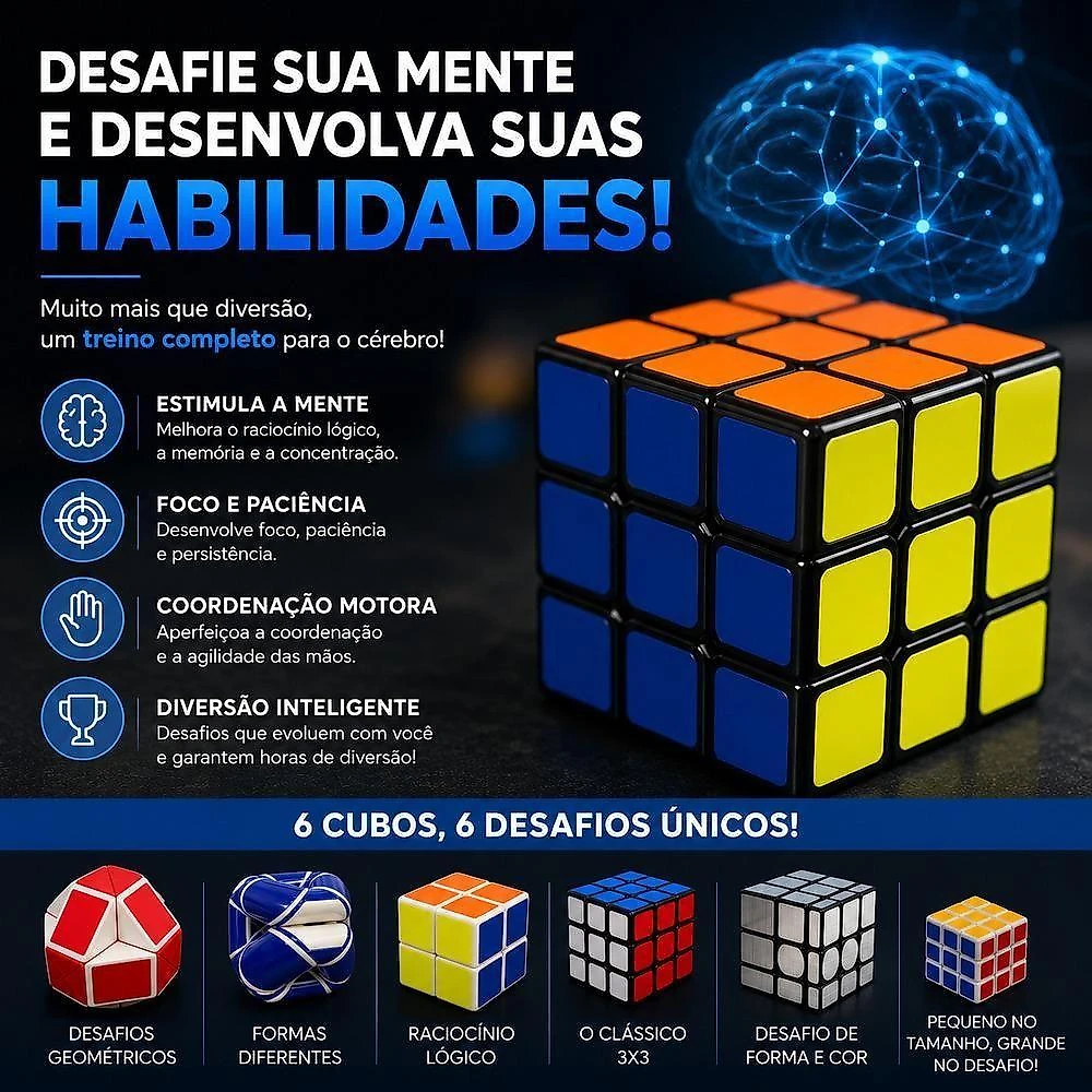 Kit Cubo Mágico Box 6 Cubos Raros Interativo Profissional Educativos Raciocinio Quebra Cabeca