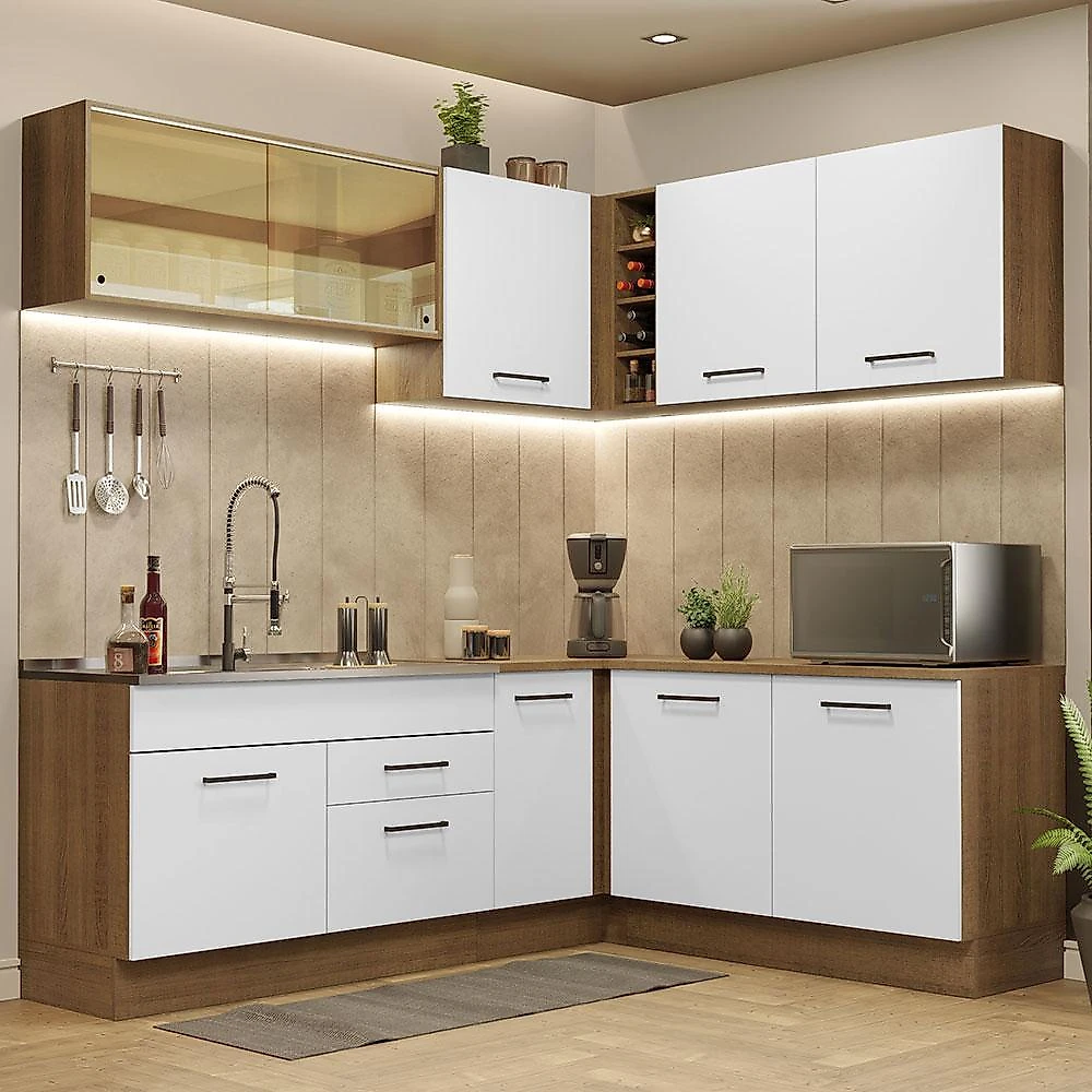 Cozinha completa de canto madesa agata 389001 com armário e balcão (sem tampo e pia) - rustic/branco