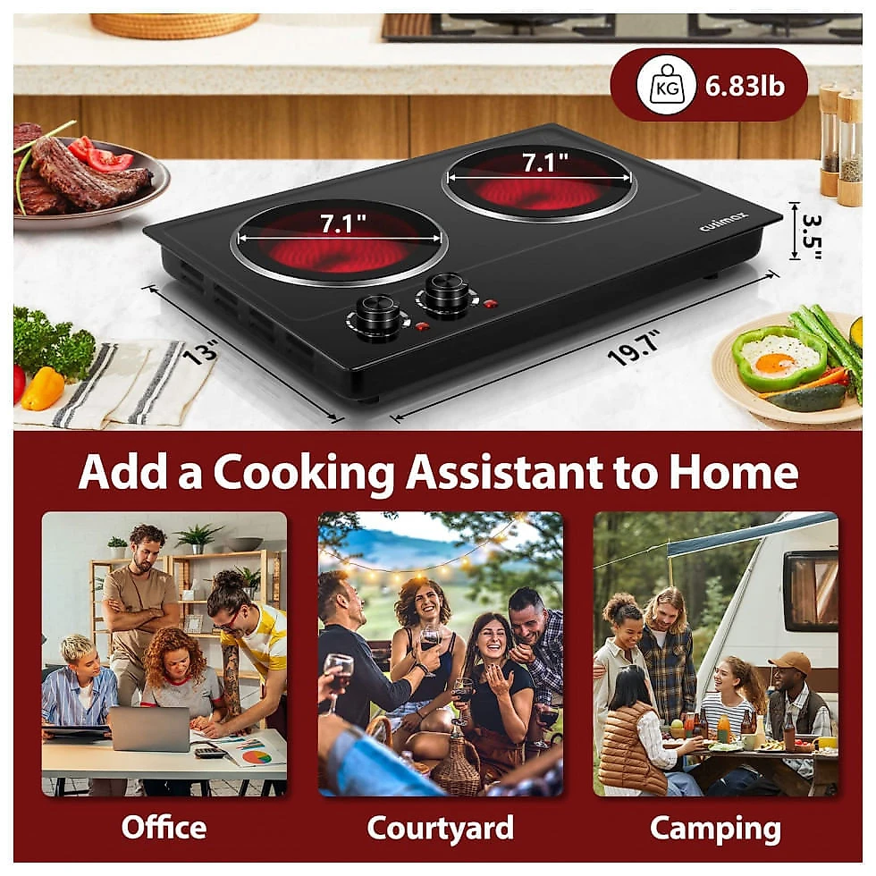 Cooktop Elétrico de Bancada com 2 Queimadores Infravermelhos, Aço Inoxidável, 1800W 110V, Cusimax, Preto