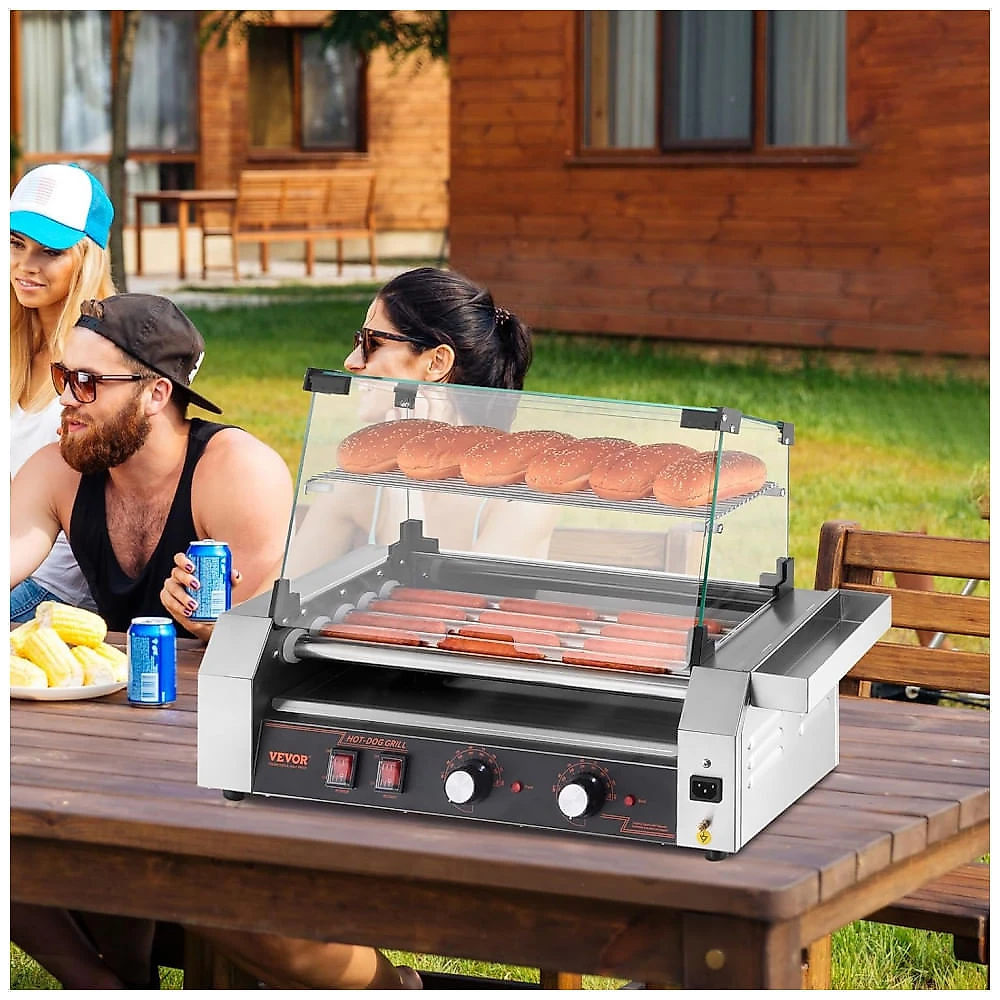 Grill de Hot Dog VEVOR Inox 12 Unidades 5 Rolos Controle Duplo de Temperatura Tampa 750W 110V