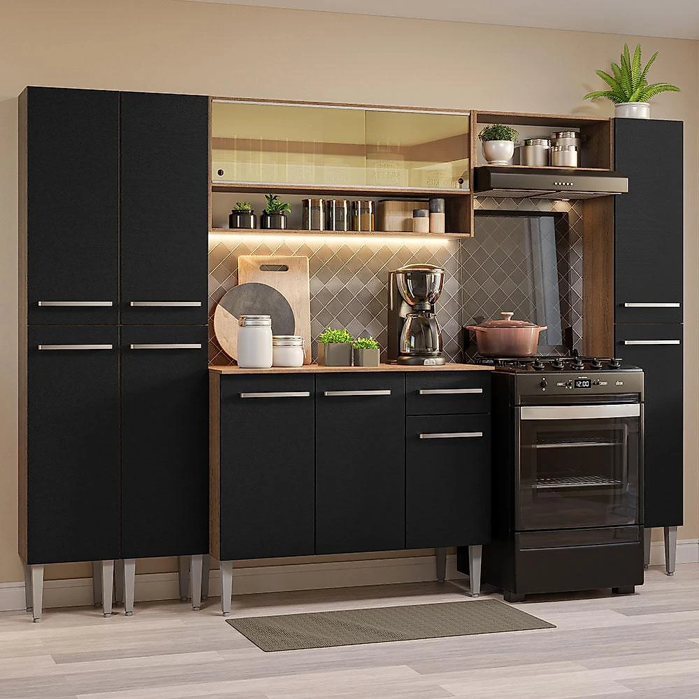 Armário de cozinha completa 261cm rustic/preto emilly madesa 04
