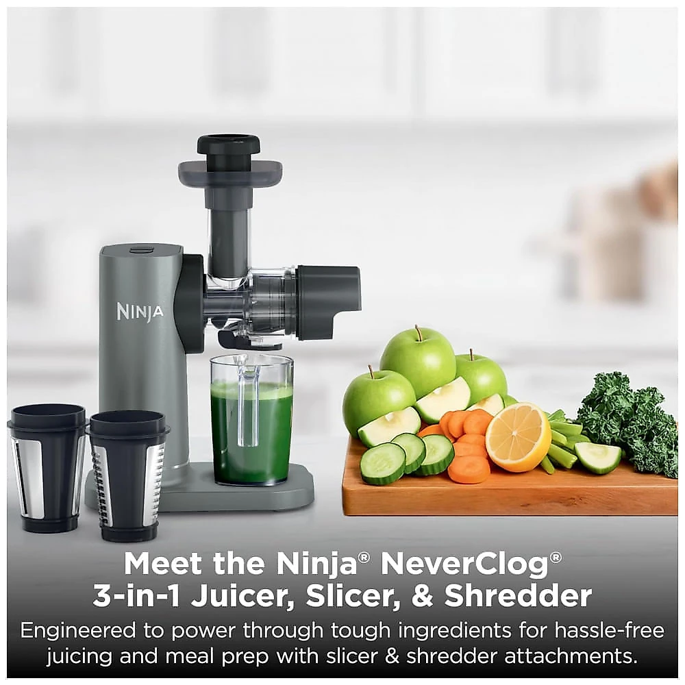 Espremedor Ninja NeverClog JC152 3 em 1 Extrator de Suco, Fatiador e Ralador, Jarra de 950 ml, Carvão