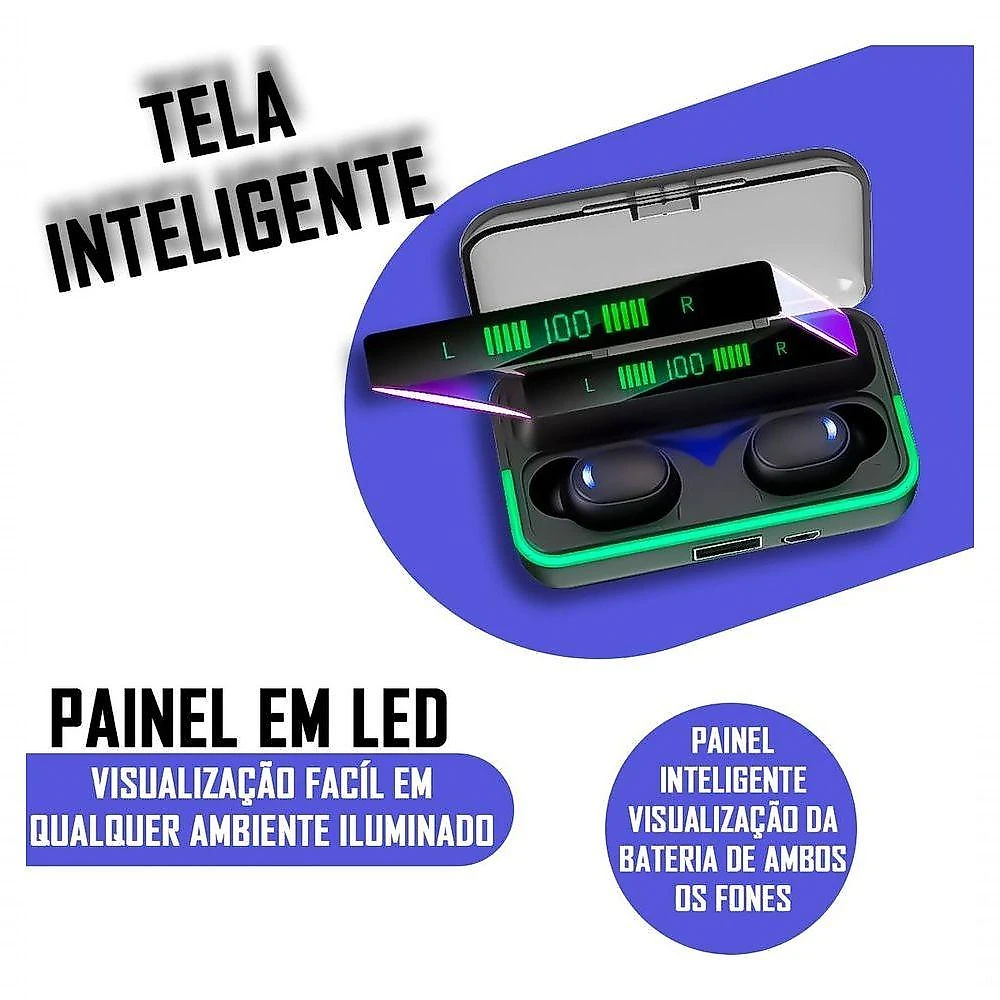Fone de Ouvido Carisma E10 TWS Bluetooth Luz LED Azul-Turquesa à Prova D-água Preto