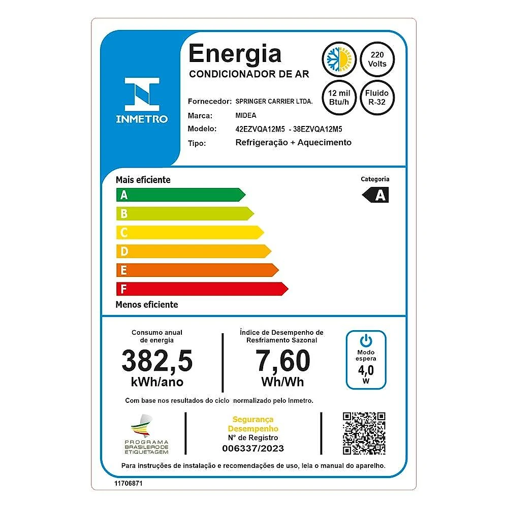 Ar-Condicionado Split Inverter 12000 BTUs Midea AI Ecomaster High Wall Quente e Frio 42EZVQA12M5/38EZVQA12M5 220V
