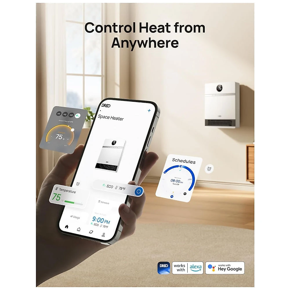 Aquecedor de Parede Inteligente DREO Branco PTC IP24 1500W Oscilação 30 graus 28dB Alexa Timer 24h App 120V