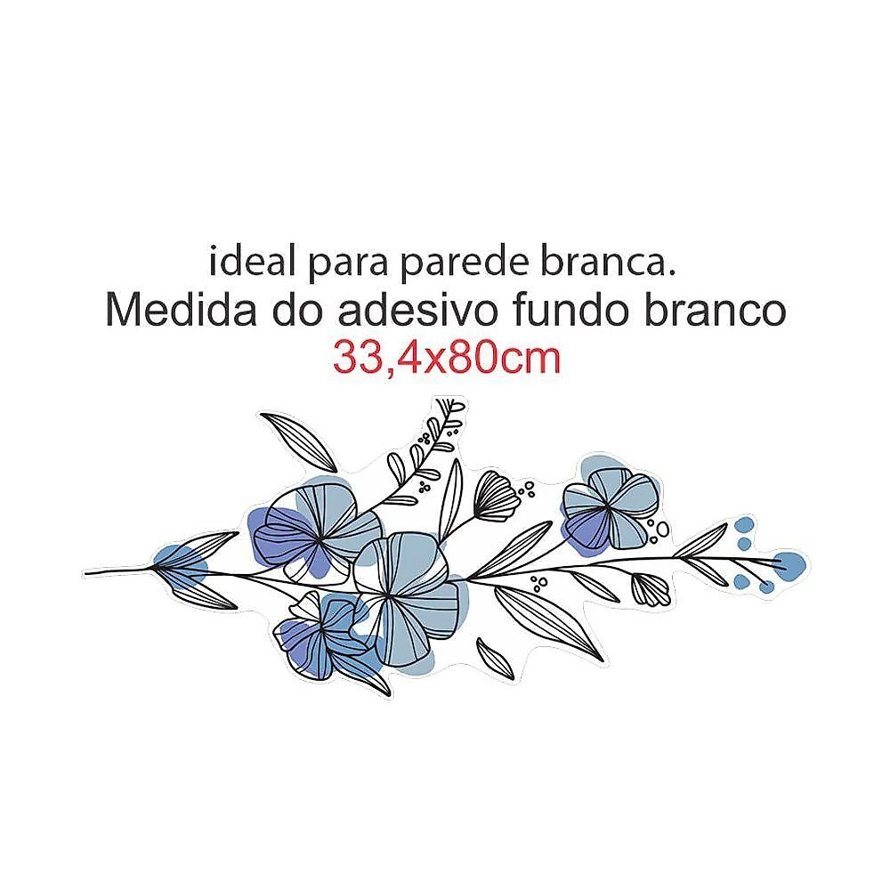 Adesivo Parede Flores Azuis Minimalista 33,4x80cm Preto Teu Adesivo