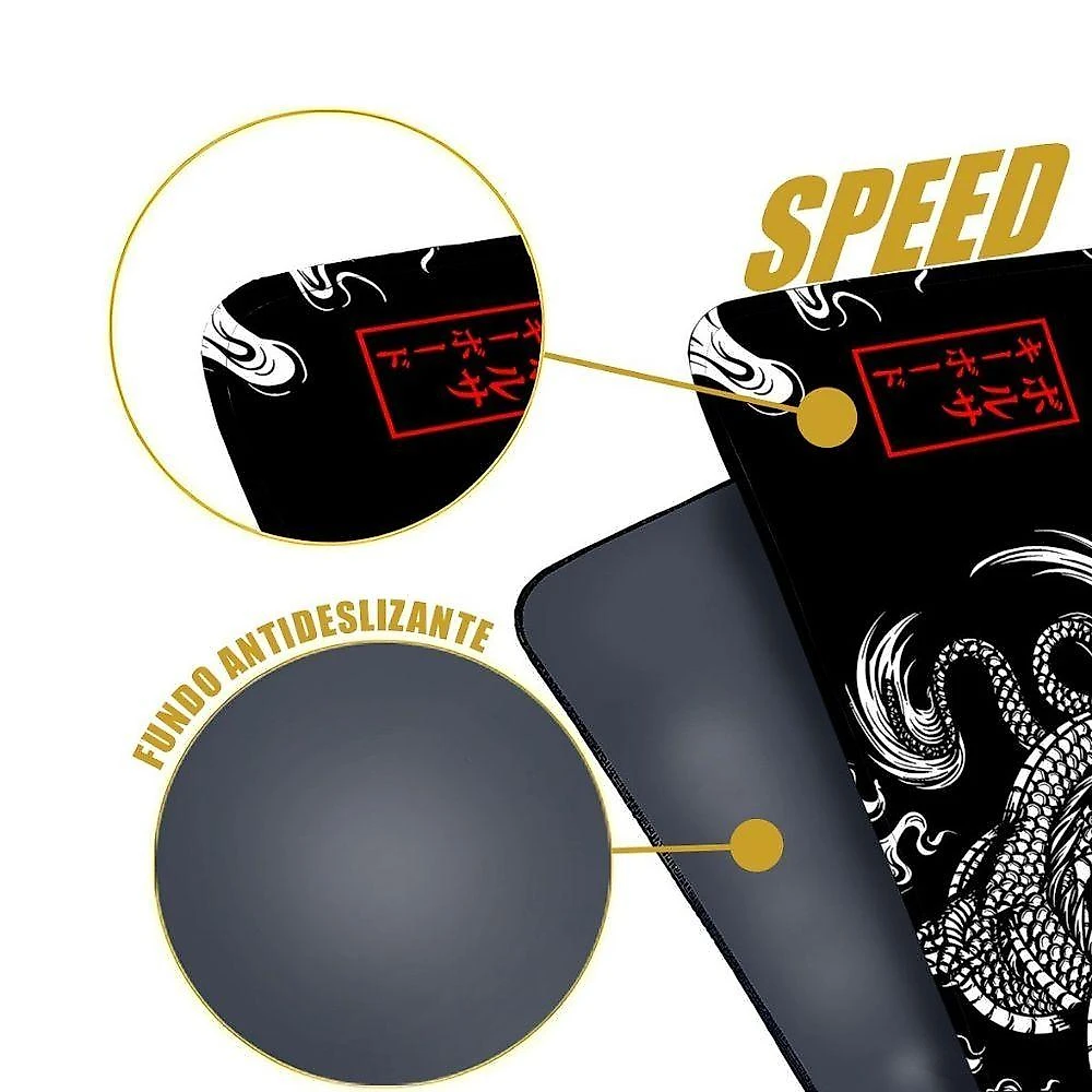 Mouse Pad Gamer Dragão Chines Japonês 1856 com Superfície de Poliuretano Preto OEM