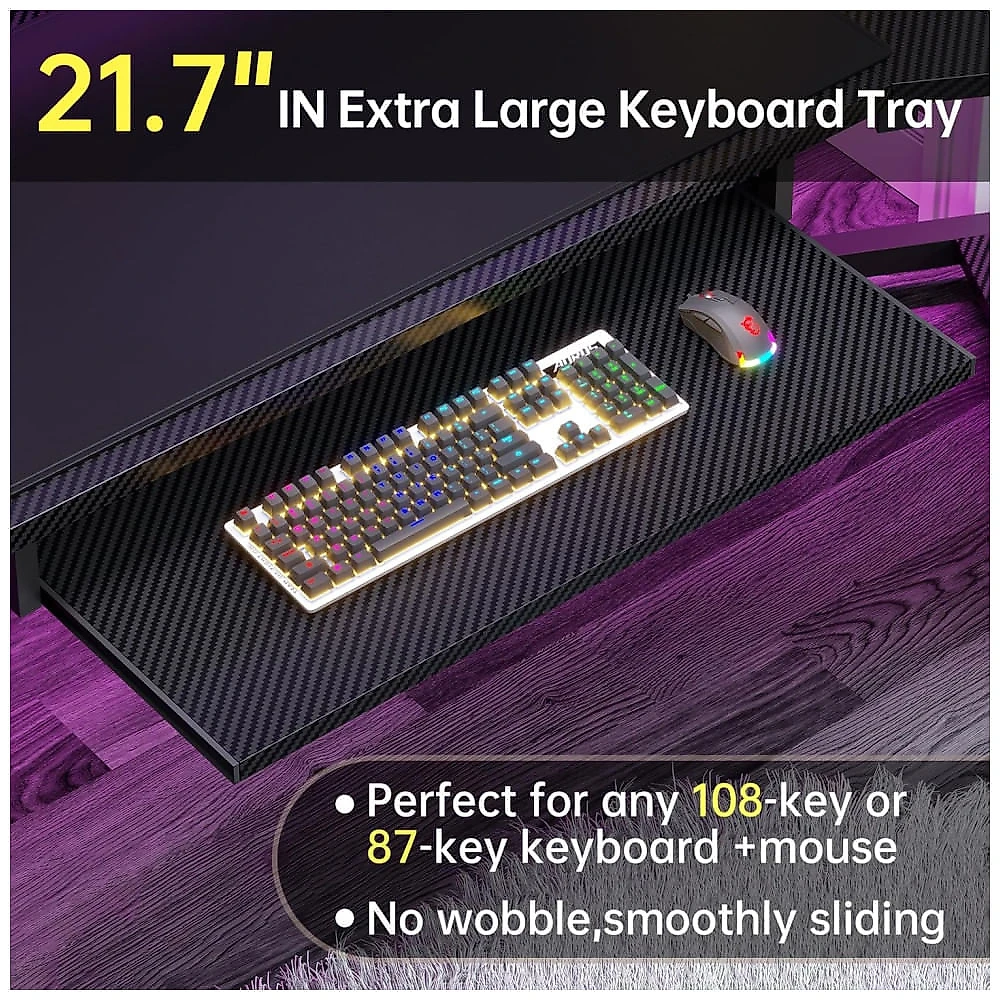 Mesa Gamer de Fibra de Carbono em Formato de L, 79" 200 cm com Luz LED, Suporte para Monitor, Porta-Copos, Tomadas e 2 Gavetas, 110V, SEDETA, Preto 110v