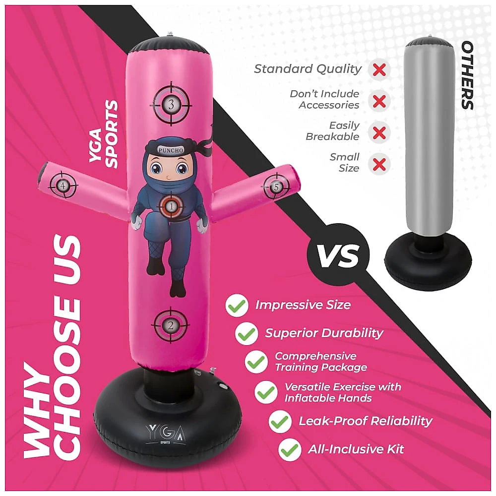 YGA Sports Puncho: Kit Completo de Bolsa de Pancadas Inflável Infantil com Luvas, Bomba e eBook - Rosa