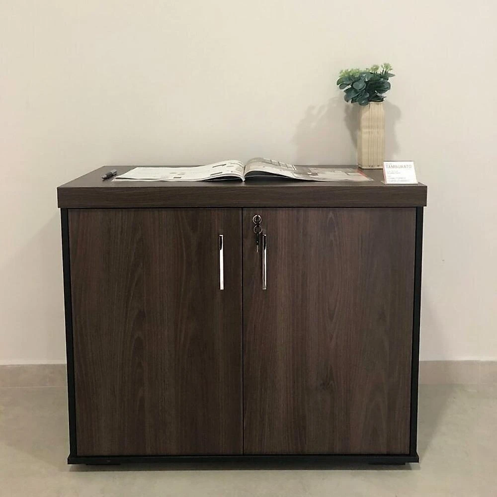 Kit 3 Peças com Mesa para Escritório Diretor em L, Armário Multiuso Baixo e Gaveteiro 3 Gavetas Conjunto para Escritório Executivo 3 peças Estação Diretoria Balcão 2 portas e Gaveteiro 3 Gavetas Charuto/Preto