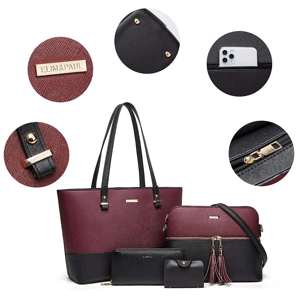 Conjunto de Bolsas Femininas em Couro Sintético 4 Peças com Carteira, Lovematch, Preto e Roxo