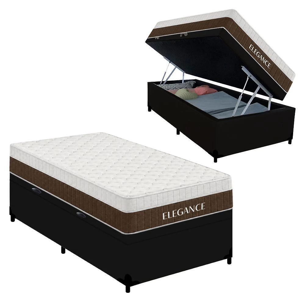 Cama Box com Baú Solteiro Elegance Euro Pillow Molas Ensacadas Tecido Off White Royal