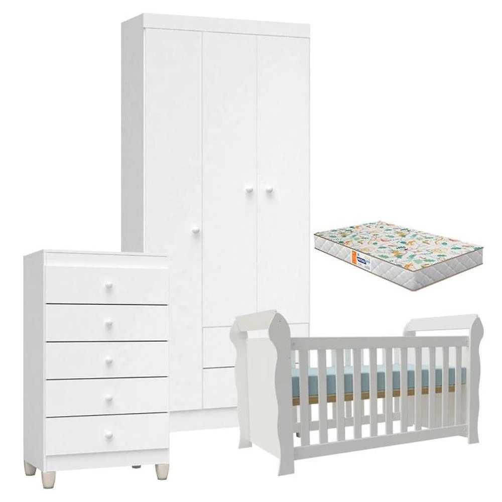 Quarto De Bebê 3 Portas Com Gaveteiro Ternura Baby E Berço Lara Branco Brilho Com Colchão Gazin - Incorplac