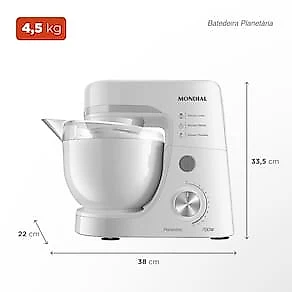 Batedeira Planetária Mondial BP-03W-2B com 12 Velocidades e 700W - Branca 110V
