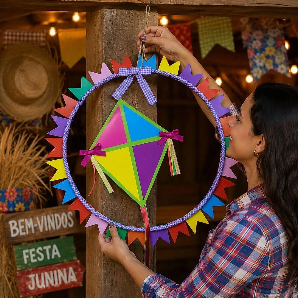 Guirlanda Decorativa Festa Junina com Pipa e Bandeirinhas Lilás Extra Festas