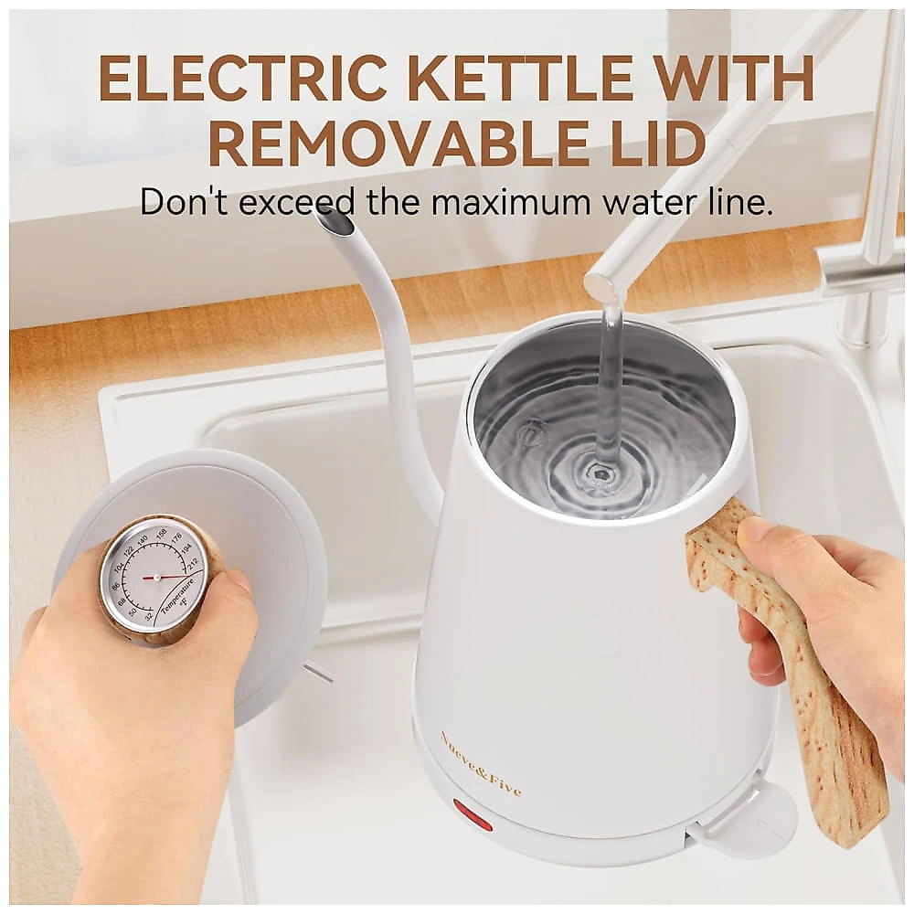 Chaleira Elétrica Nueve&Five Gooseneck 1L, 1000W, Aço Inox, Desligamento Automático e Termômetro - Prepare água quente com precisão!